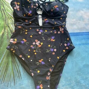 CUPSHE Navy Floral Cutout One-Piece Swimsuit